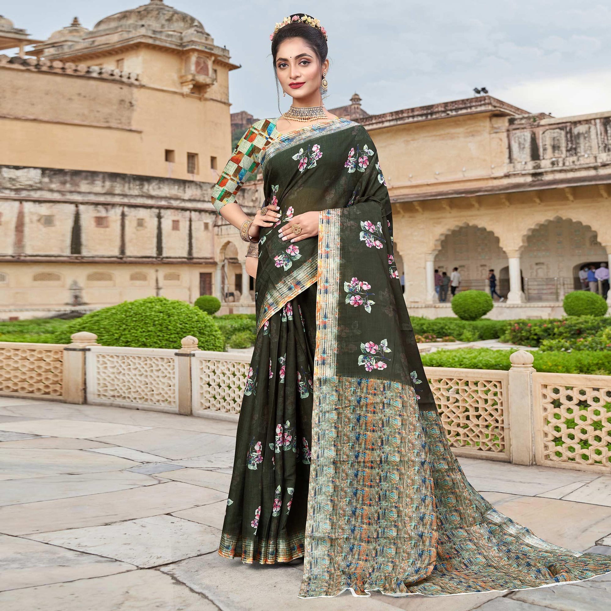 Dark Olive Green Digital Printed Linen Saree