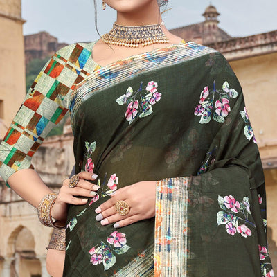 Dark Olive Green Digital Printed Linen Saree