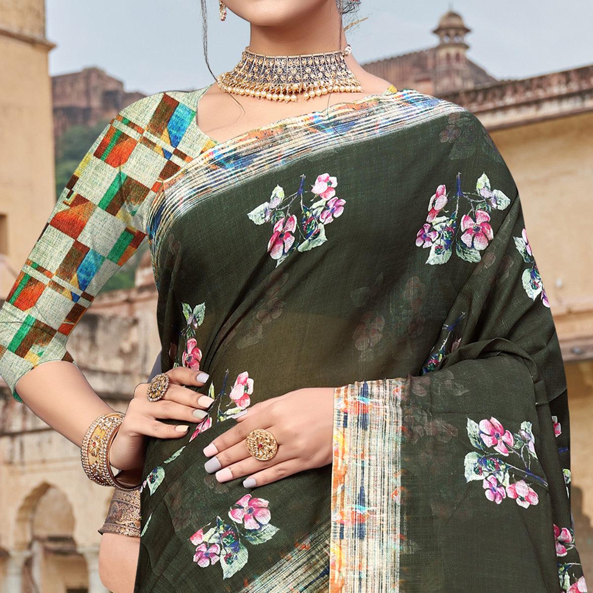 Dark Olive Green Digital Printed Linen Saree