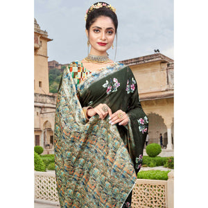 Dark Olive Green Digital Printed Linen Saree