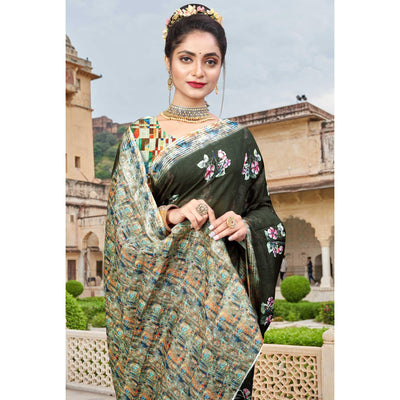 Dark Olive Green Digital Printed Linen Saree