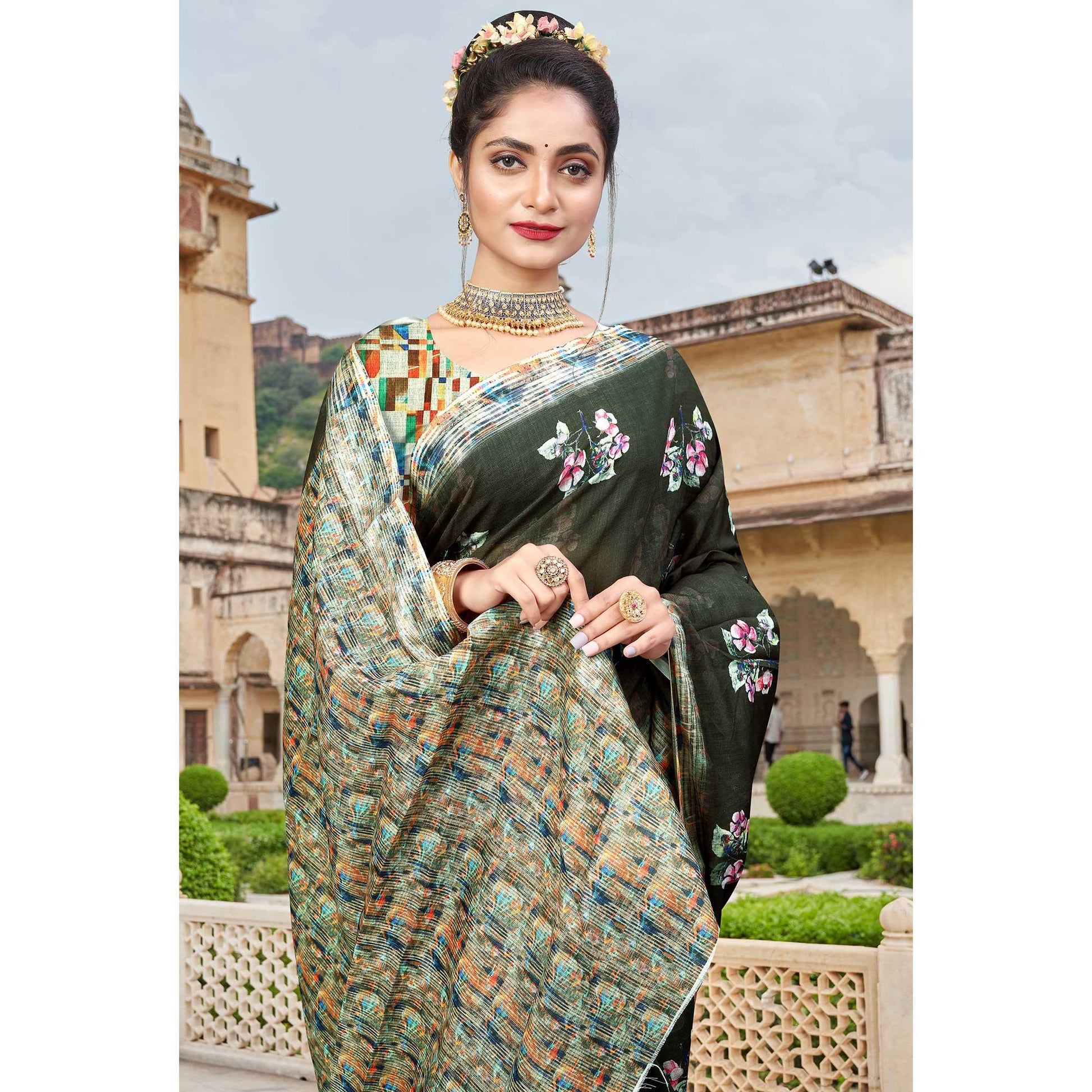 Dark Olive Green Digital Printed Linen Saree