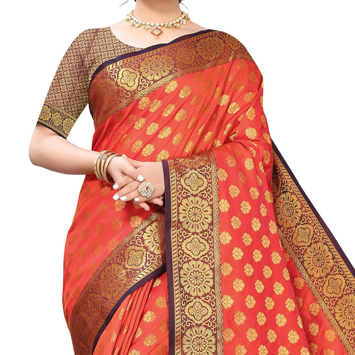 Dark Orange Festive Wear Jari Woven Heavy Silk Saree