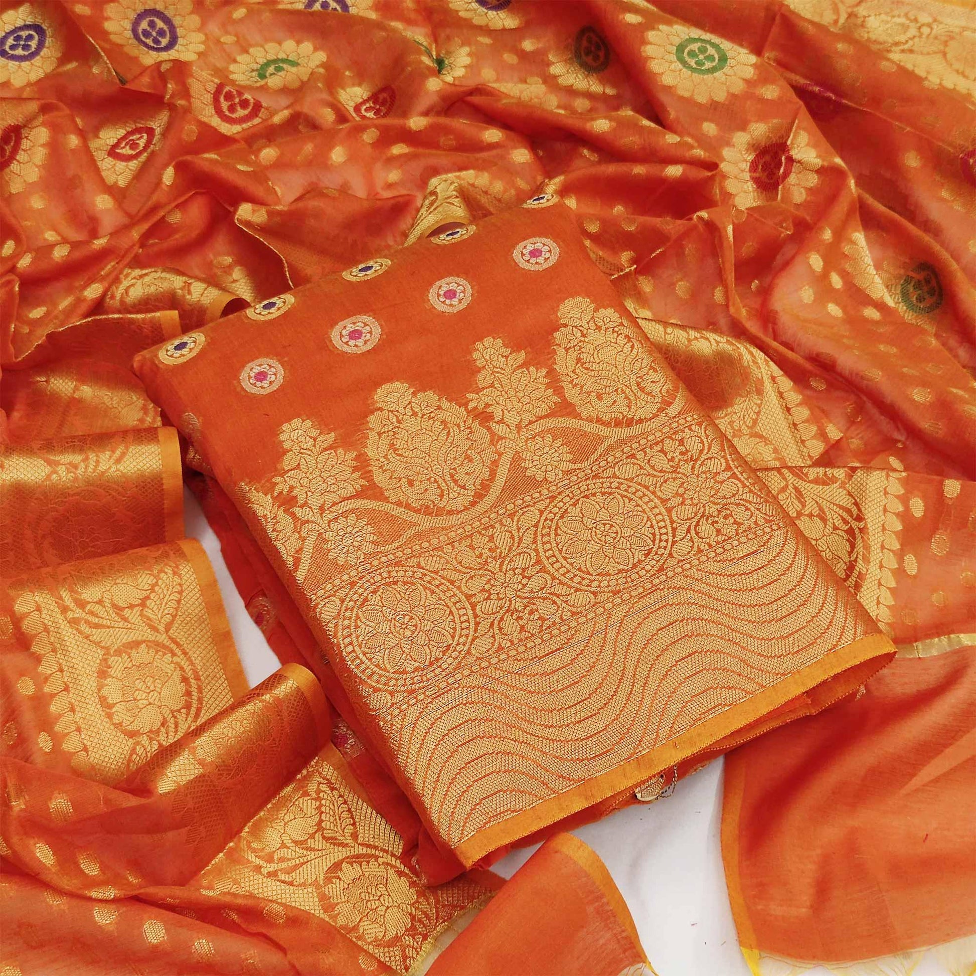 Dark Orange Festive Wear Woven Banarasi Silk Dress Material