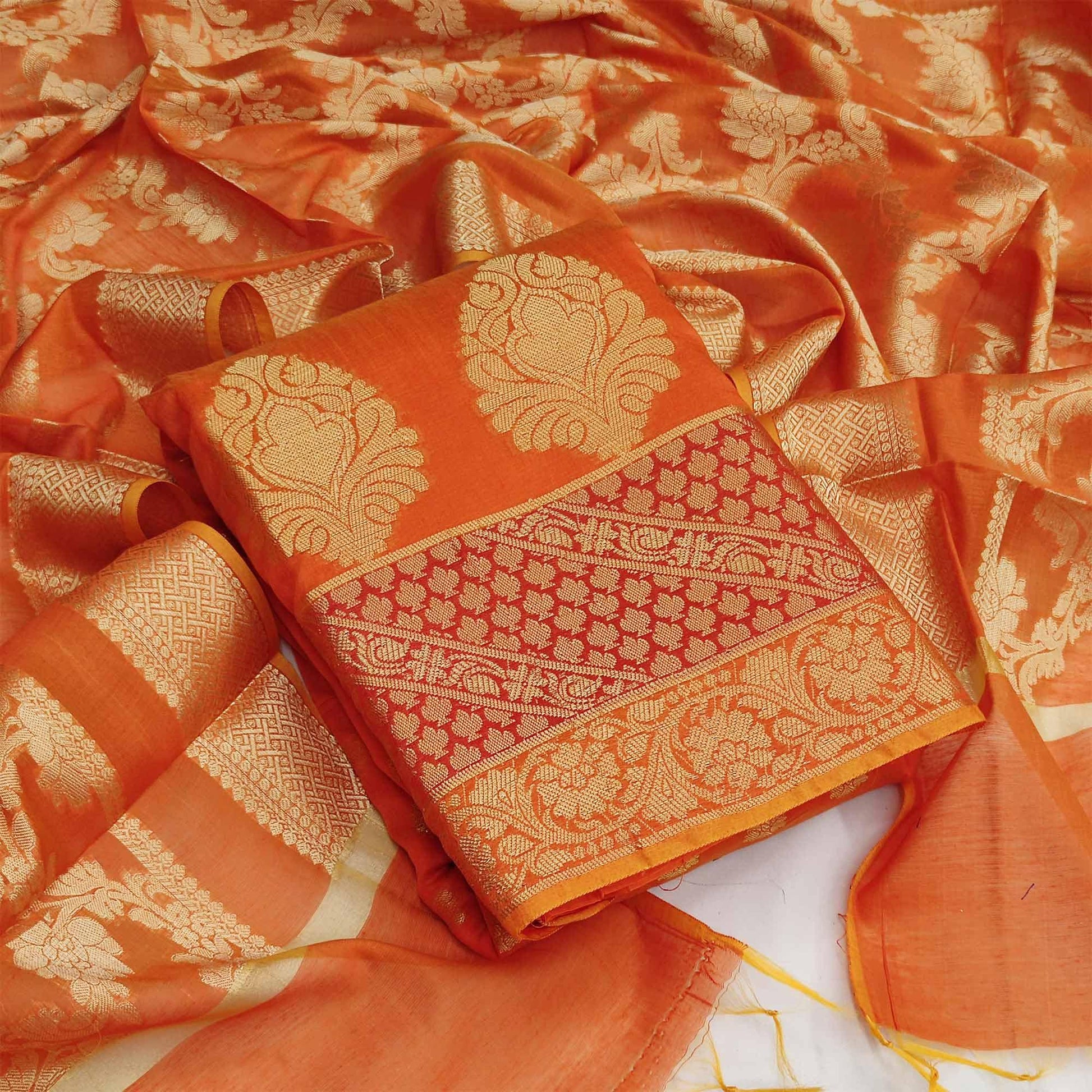 Dark Orange Festive Wear Woven Jacquard Banarasi Silk Dress Material