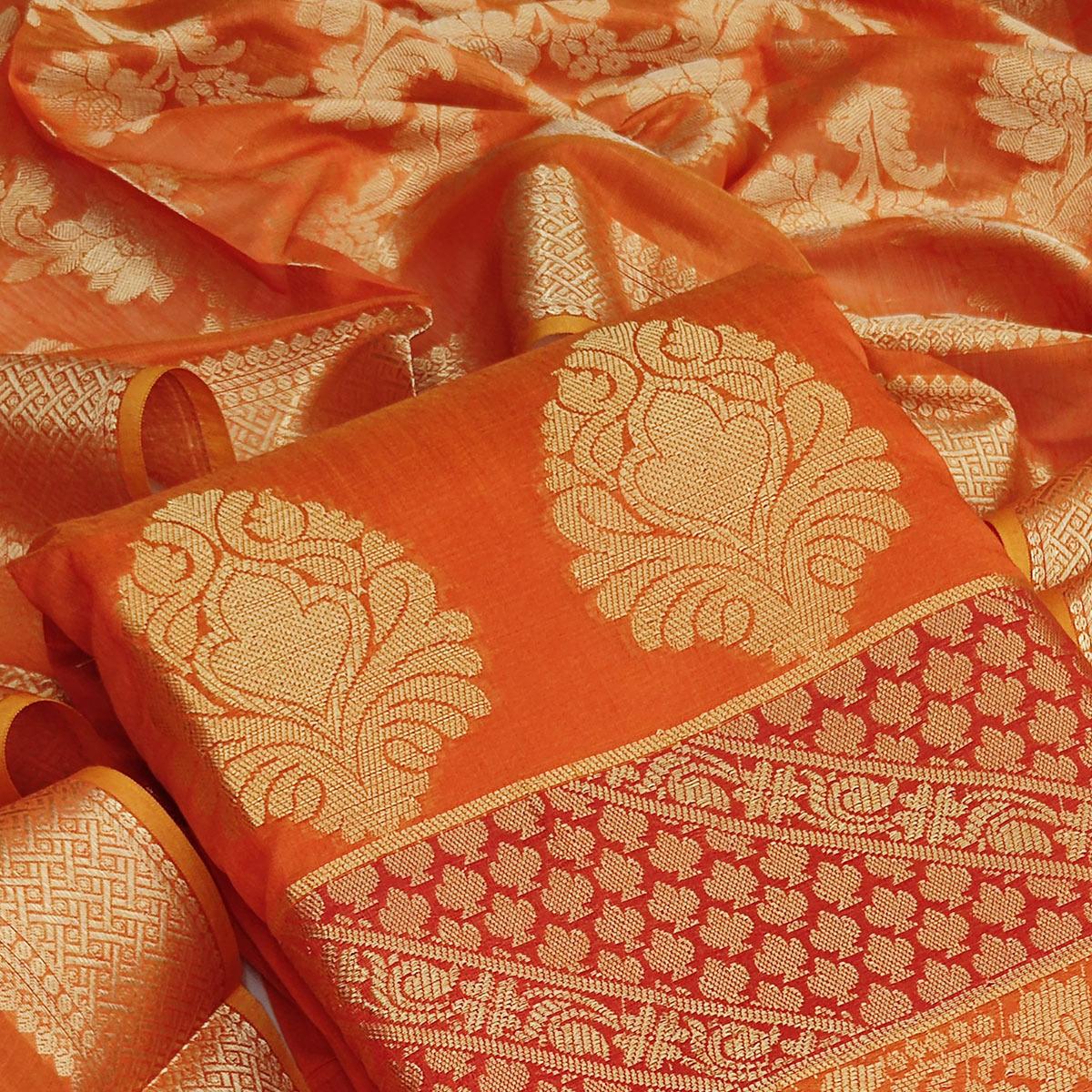 Dark Orange Festive Wear Woven Jacquard Banarasi Silk Dress Material