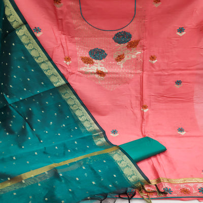 Dark Peach Festive Wear Floral Embroidered Cotton Dress Material