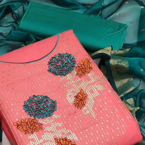 Dark Peach Festive Wear Floral Embroidered Cotton Dress Material
