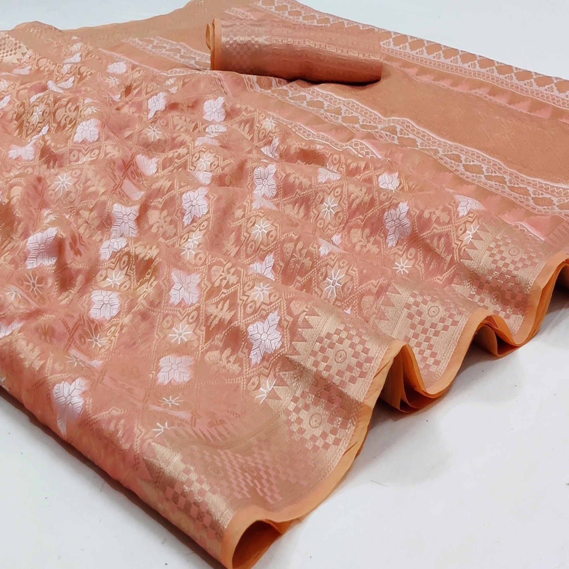 Dark Peach Festive Wear Woven Art Silk Saree