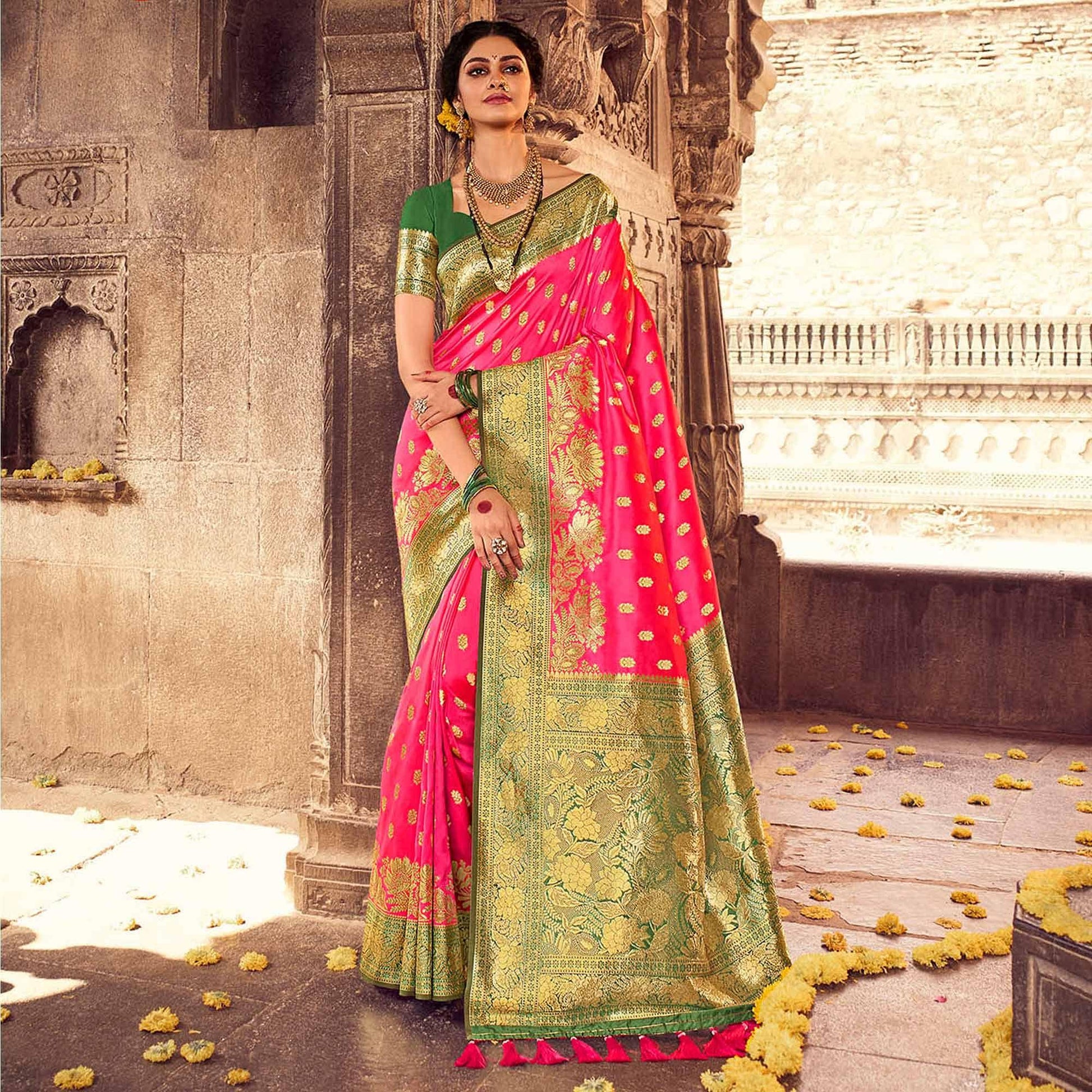 Dark Pink & Green Festive Wear Woven Banarasi Silk Saree