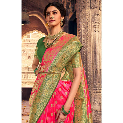 Dark Pink & Green Festive Wear Woven Banarasi Silk Saree