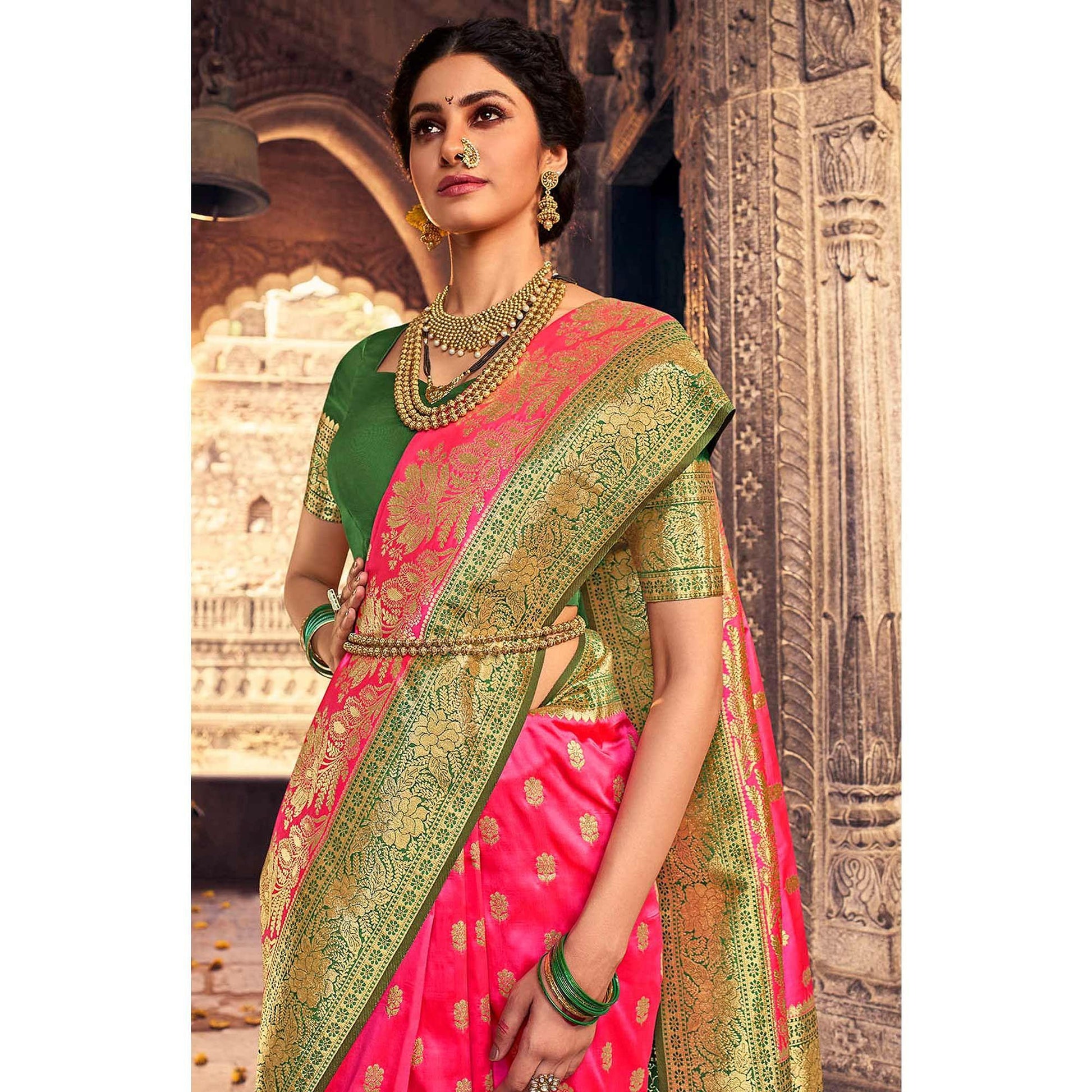 Dark Pink & Green Festive Wear Woven Banarasi Silk Saree