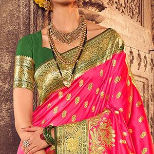 Dark Pink & Green Festive Wear Woven Banarasi Silk Saree