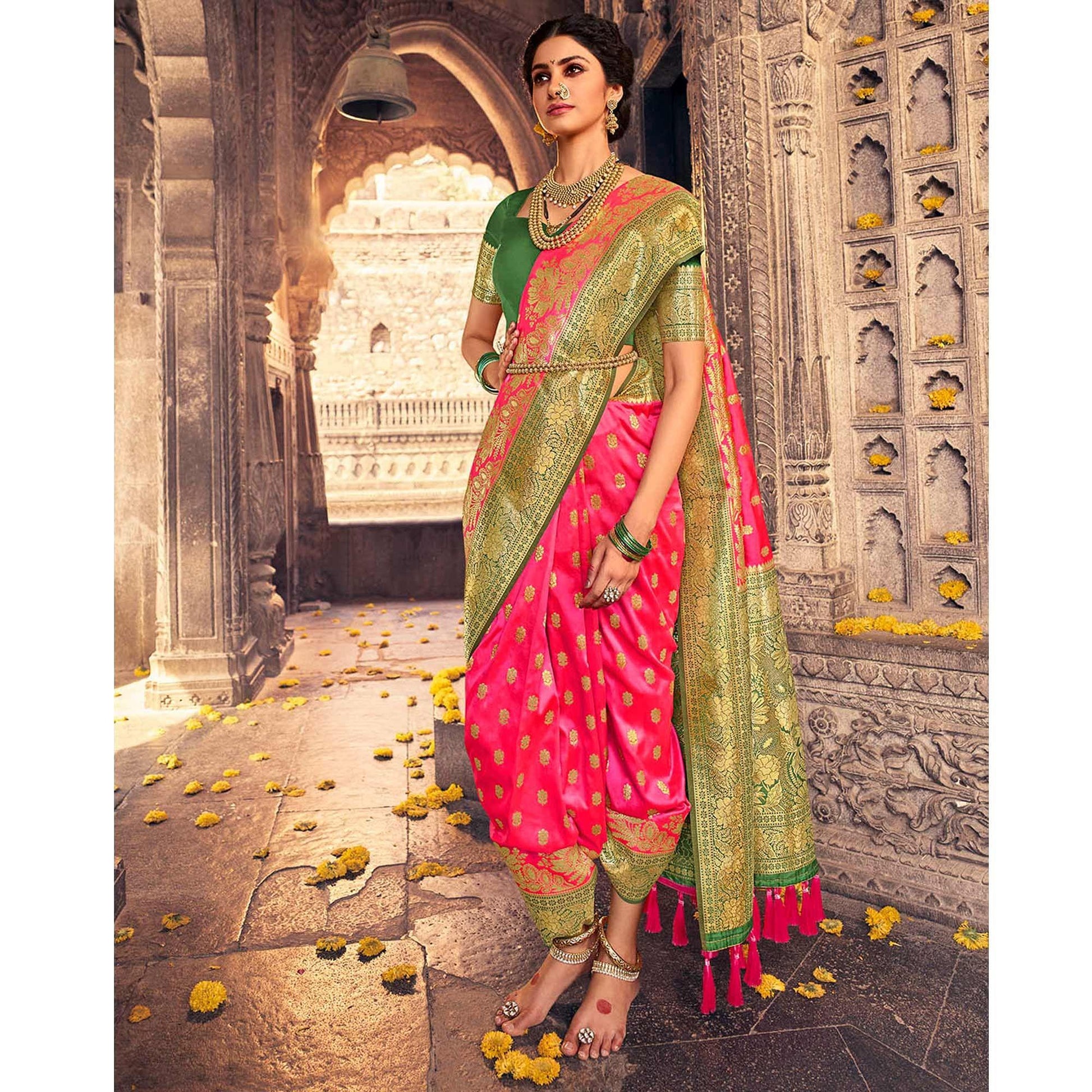 Dark Pink & Green Festive Wear Woven Banarasi Silk Saree