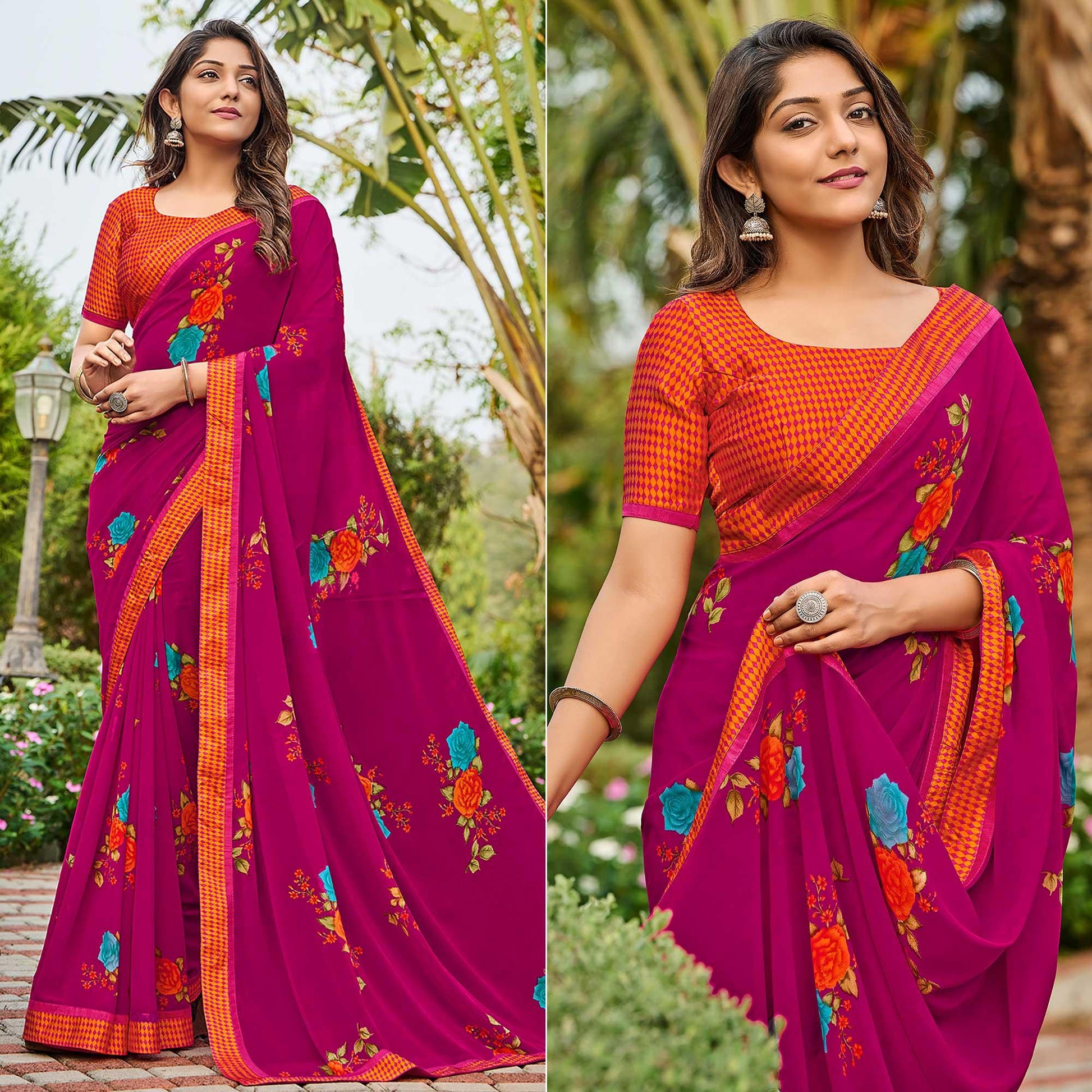 Dark Pink Casual Floral Printed Georgette Saree