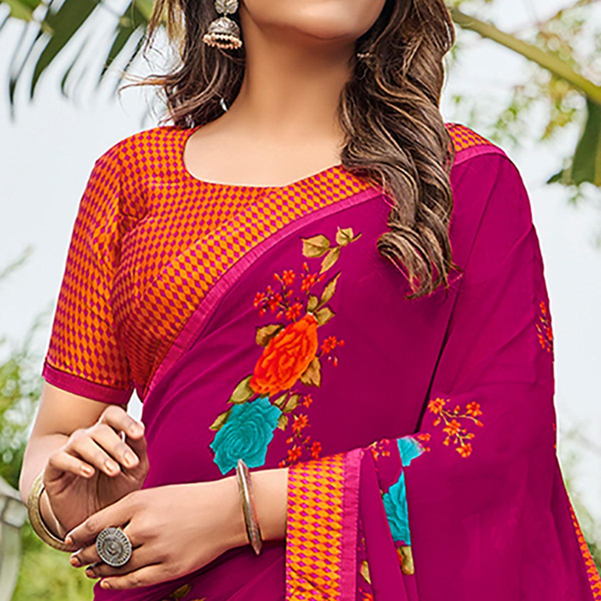 Dark Pink Casual Floral Printed Georgette Saree