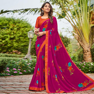 Dark Pink Casual Floral Printed Georgette Saree