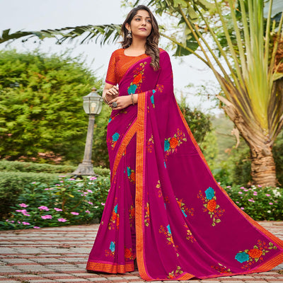 Dark Pink Casual Floral Printed Georgette Saree