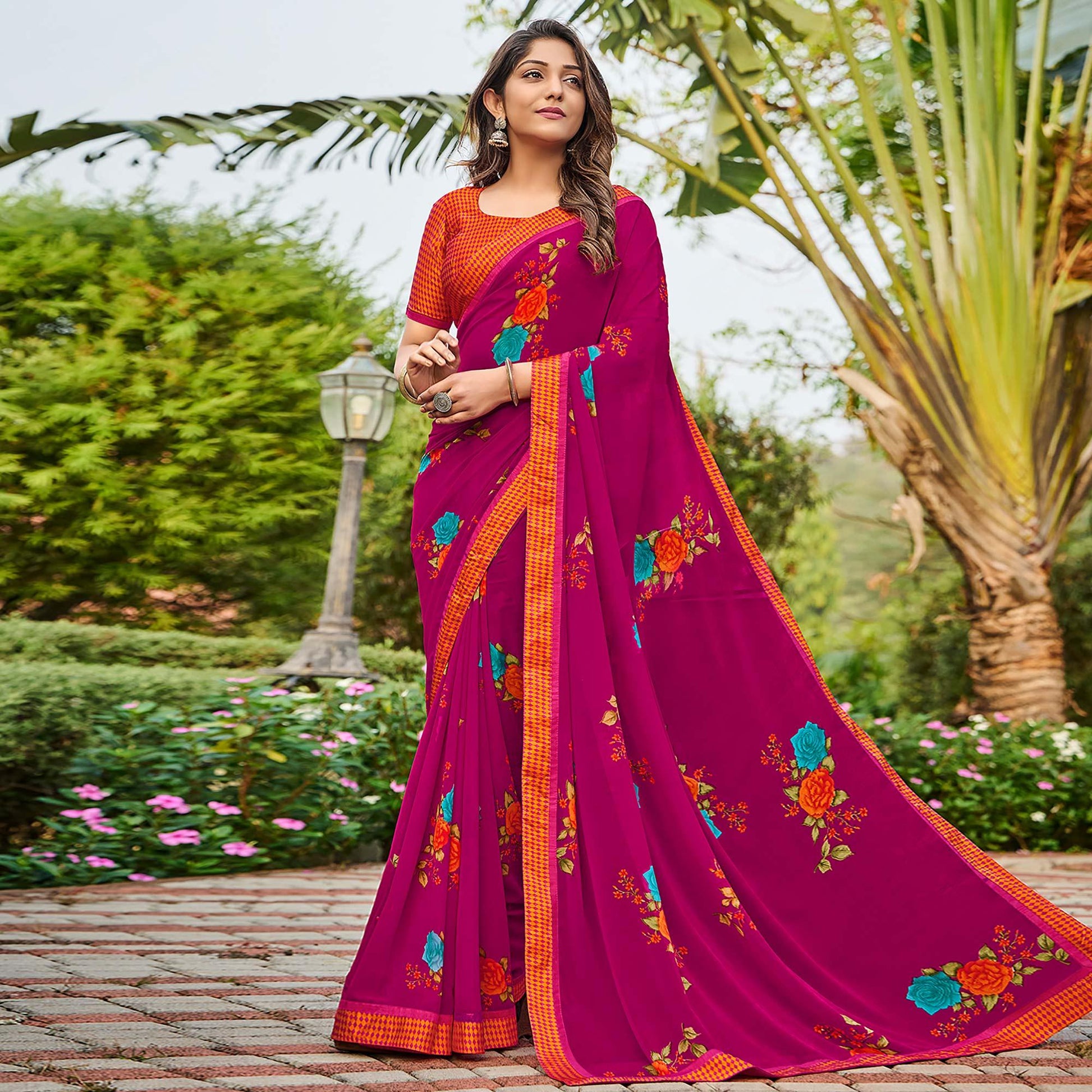 Dark Pink Casual Floral Printed Georgette Saree