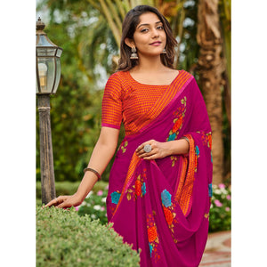 Dark Pink Casual Floral Printed Georgette Saree