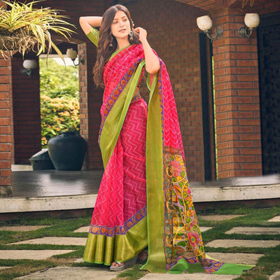 Dark Pink Casual Wear Bandhej Printed Kalamkari Silk Saree