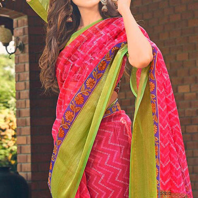 Dark Pink Casual Wear Bandhej Printed Kalamkari Silk Saree