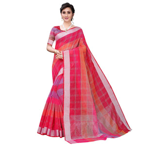 Dark Pink Casual Wear Checks Printed Silk Saree With Border