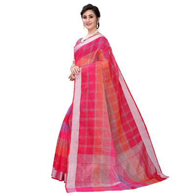 Dark Pink Casual Wear Checks Printed Silk Saree With Border