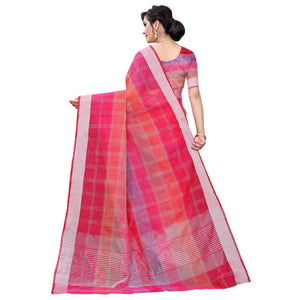 Dark Pink Casual Wear Checks Printed Silk Saree With Border
