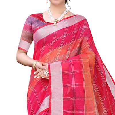 Dark Pink Casual Wear Checks Printed Silk Saree With Border