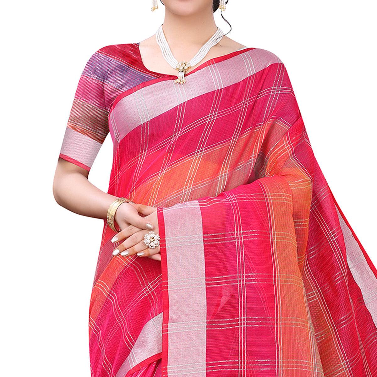 Dark Pink Casual Wear Checks Printed Silk Saree With Border