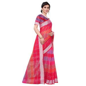 Dark Pink Casual Wear Checks Printed Silk Saree With Border