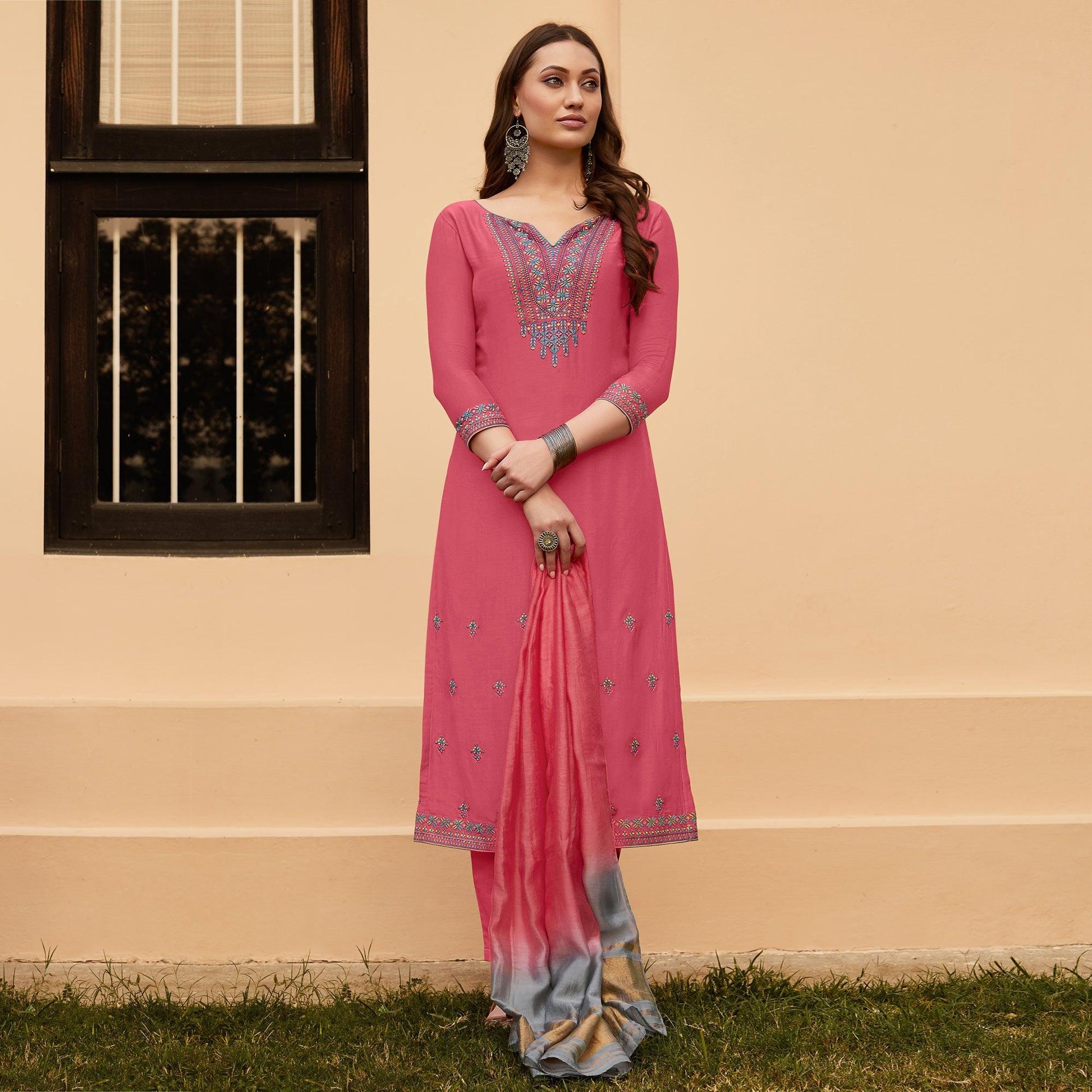 Dark Pink Casual Wear Embroidered Georgette Suit