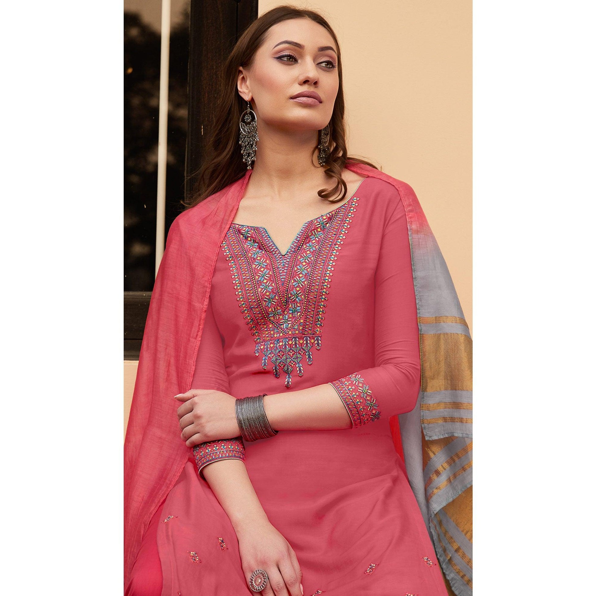 Dark Pink Casual Wear Embroidered Georgette Suit
