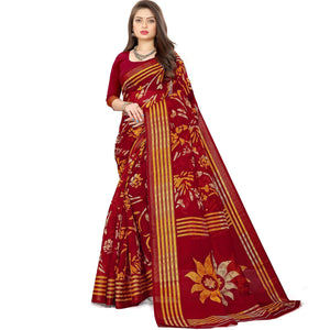 Dark Pink Casual Wear Floral Printed Cotton Linen Saree