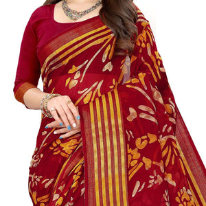 Dark Pink Casual Wear Floral Printed Cotton Linen Saree