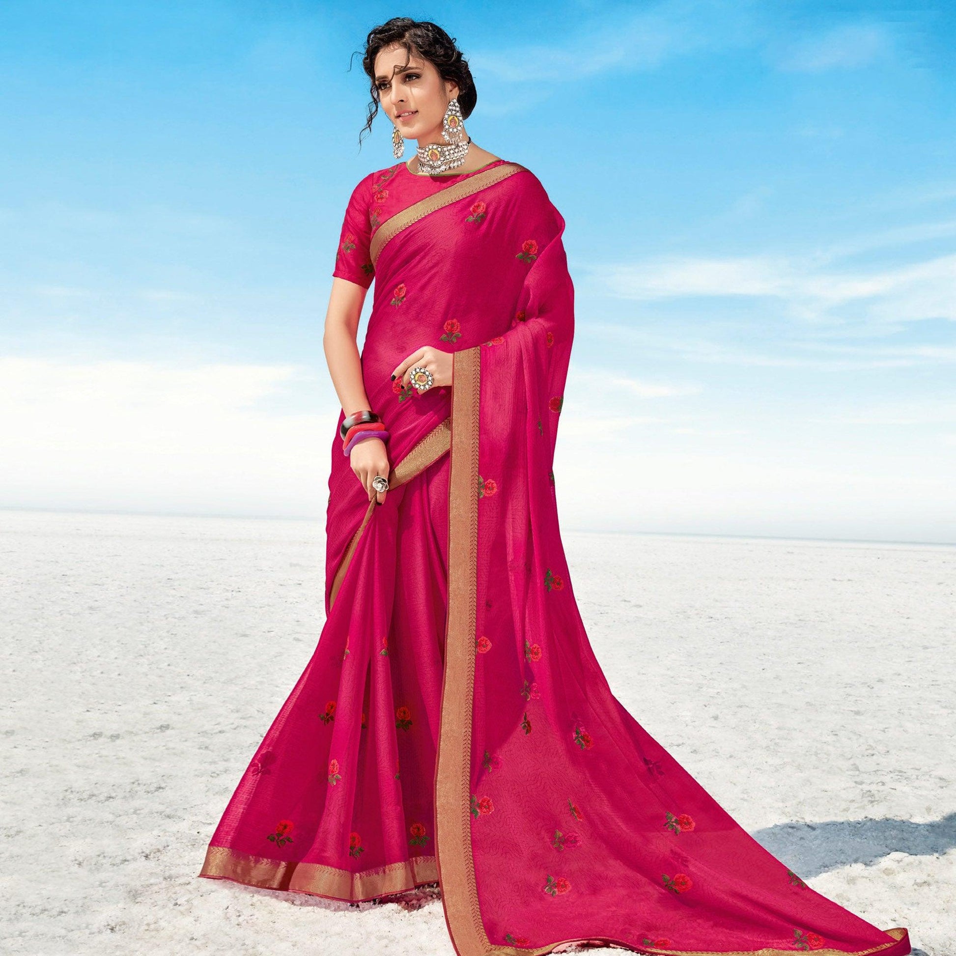 Dark Pink casual Wear Printed Chiffon Saree