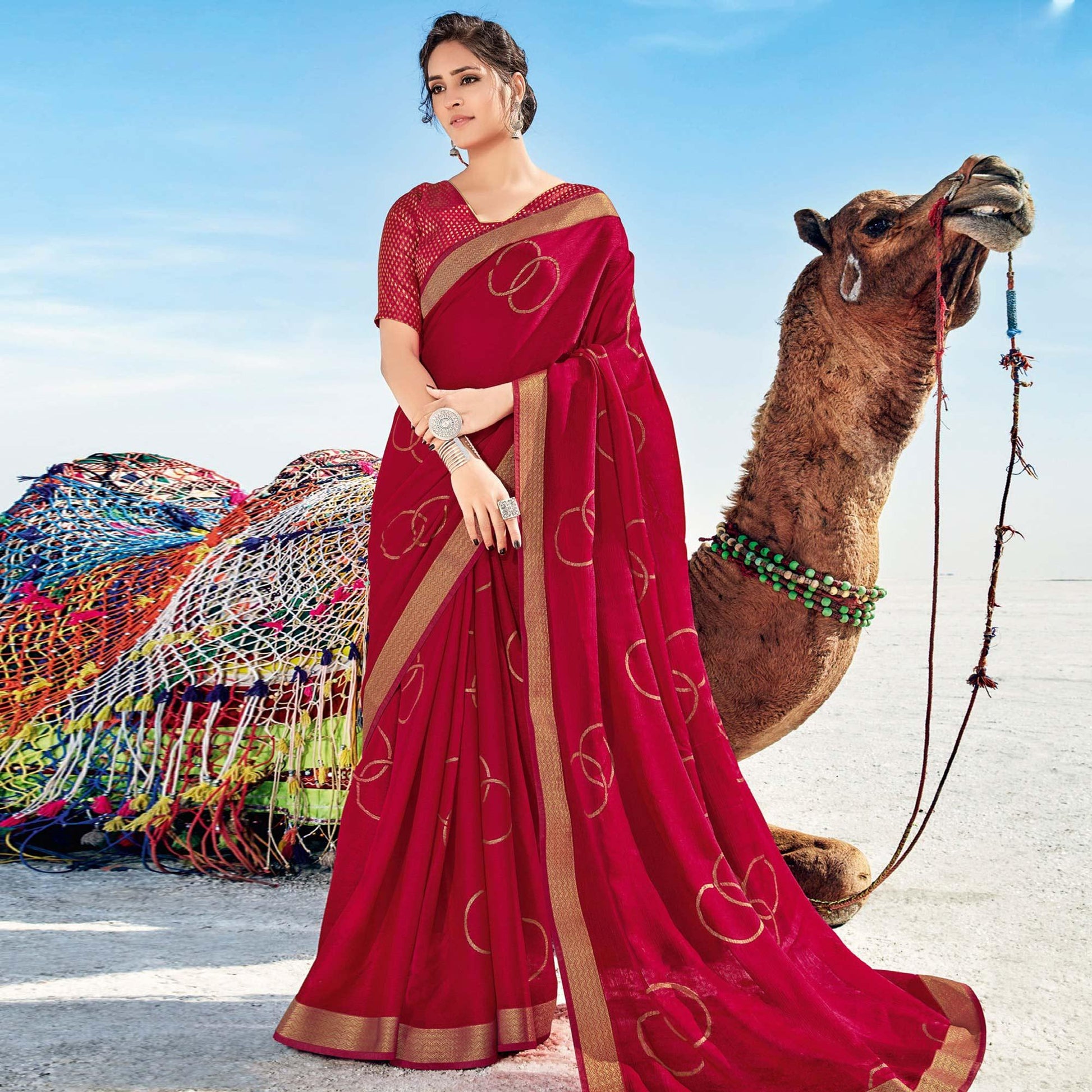 Dark Pink Casual Wear Printed Chiffon Saree