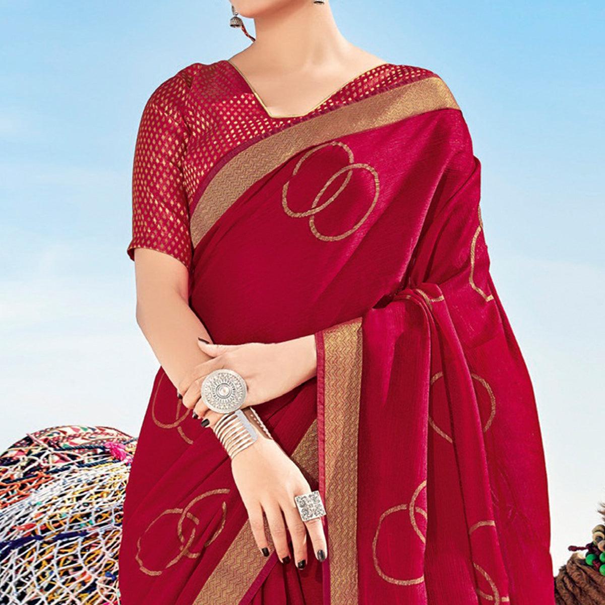 Dark Pink Casual Wear Printed Chiffon Saree