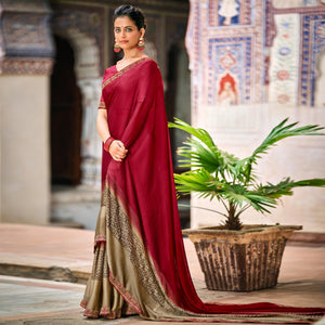 Dark Pink Casual Wear Printed Moss Saree With Fancy Zari Border