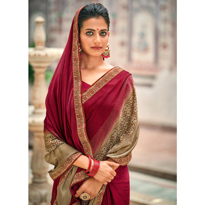 Dark Pink Casual Wear Printed Moss Saree With Fancy Zari Border