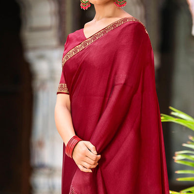 Dark Pink Casual Wear Printed Moss Saree With Fancy Zari Border