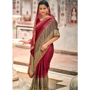 Dark Pink Casual Wear Printed Moss Saree With Fancy Zari Border