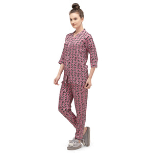Dark pink Casual Wear Printed Rayon Night Suit