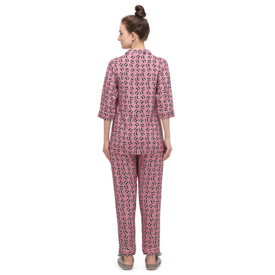 Dark pink Casual Wear Printed Rayon Night Suit
