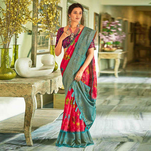 Dark Pink Casual Wear Printed Soft Cotton Saree