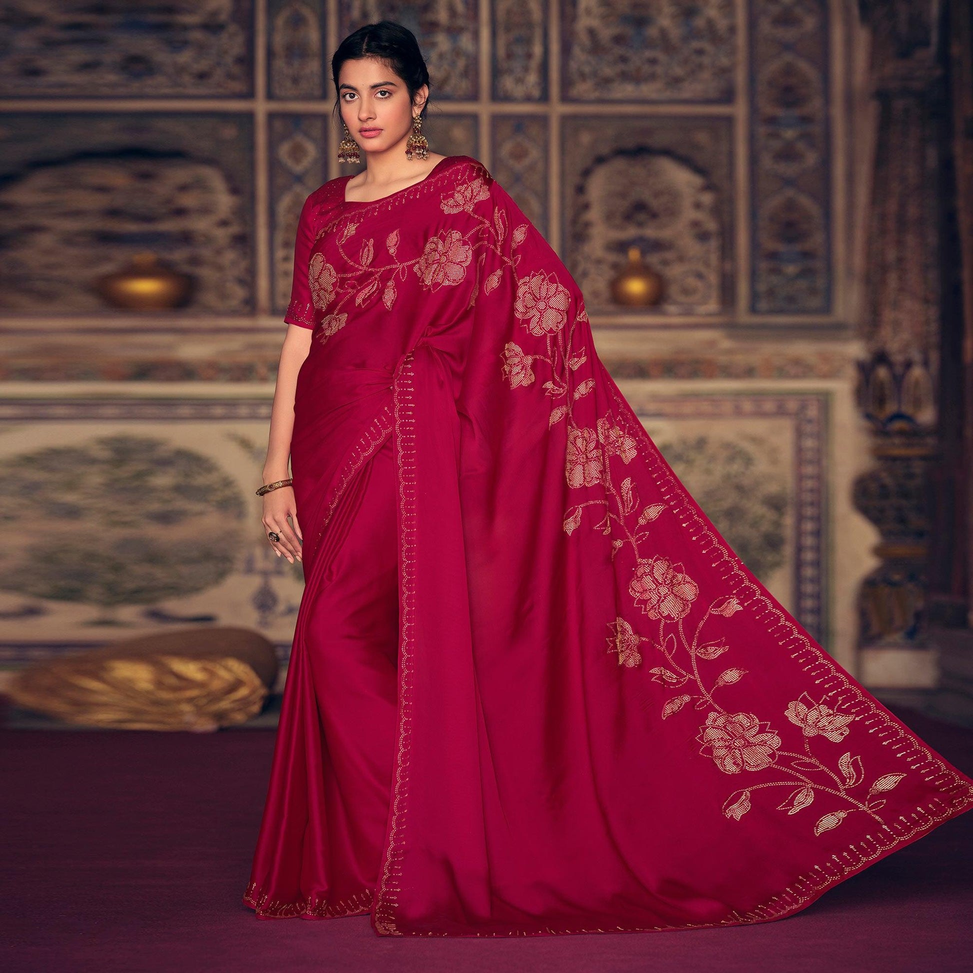 Dark Pink Casual Wear Stone Work Satin Saree With Border