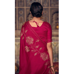 Dark Pink Casual Wear Stone Work Satin Saree With Border