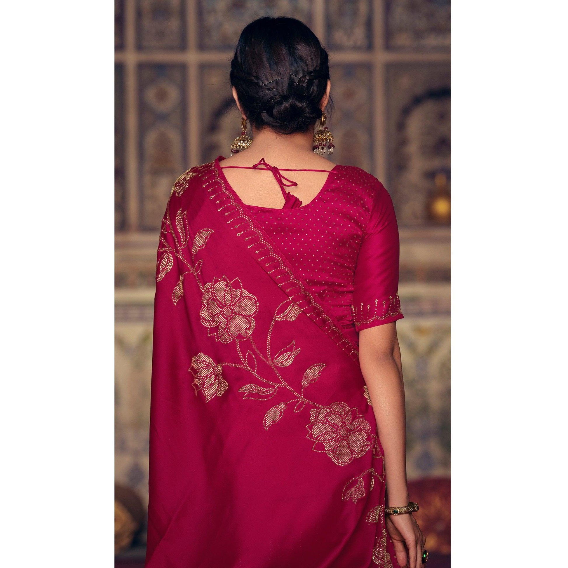 Dark Pink Casual Wear Stone Work Satin Saree With Border