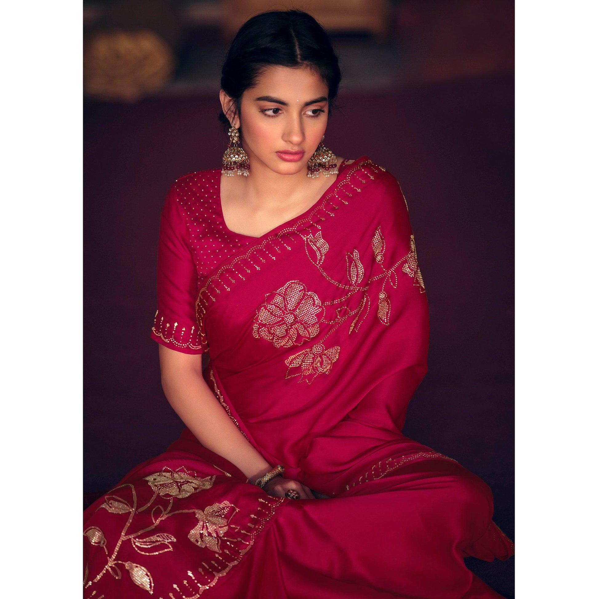 Dark Pink Casual Wear Stone Work Satin Saree With Border